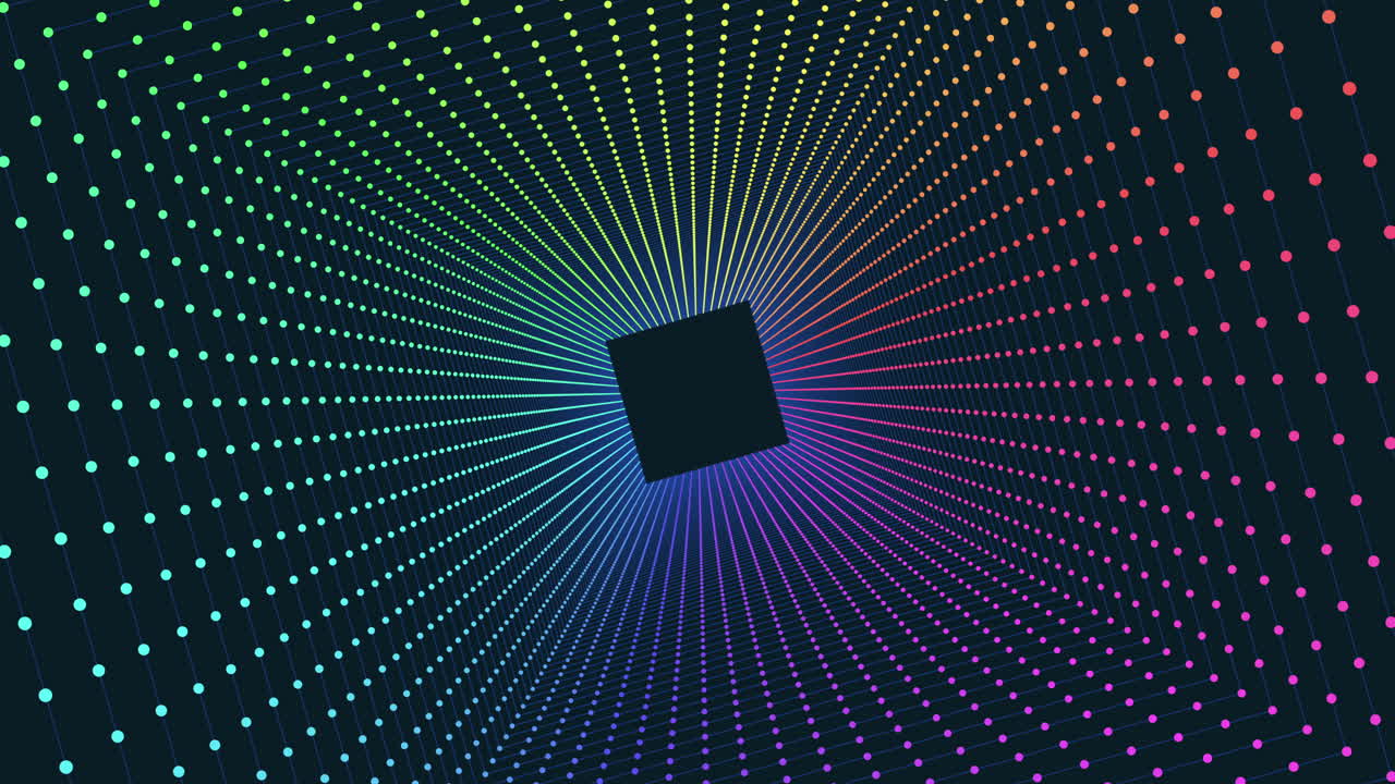Spinning abstract rainbow cubes in dark hole with neon dots on black gradient