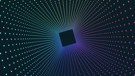 spinning abstract rainbow cubes in dark hole with neon dots on black gradient