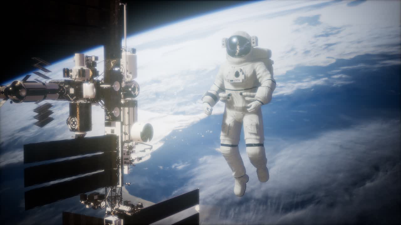 Internationella rymdstationen och astronaut i yttre rymden över planeten jorden