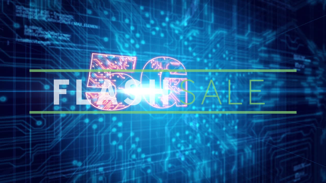Flash sale text with digital grid and glowing blue background animation