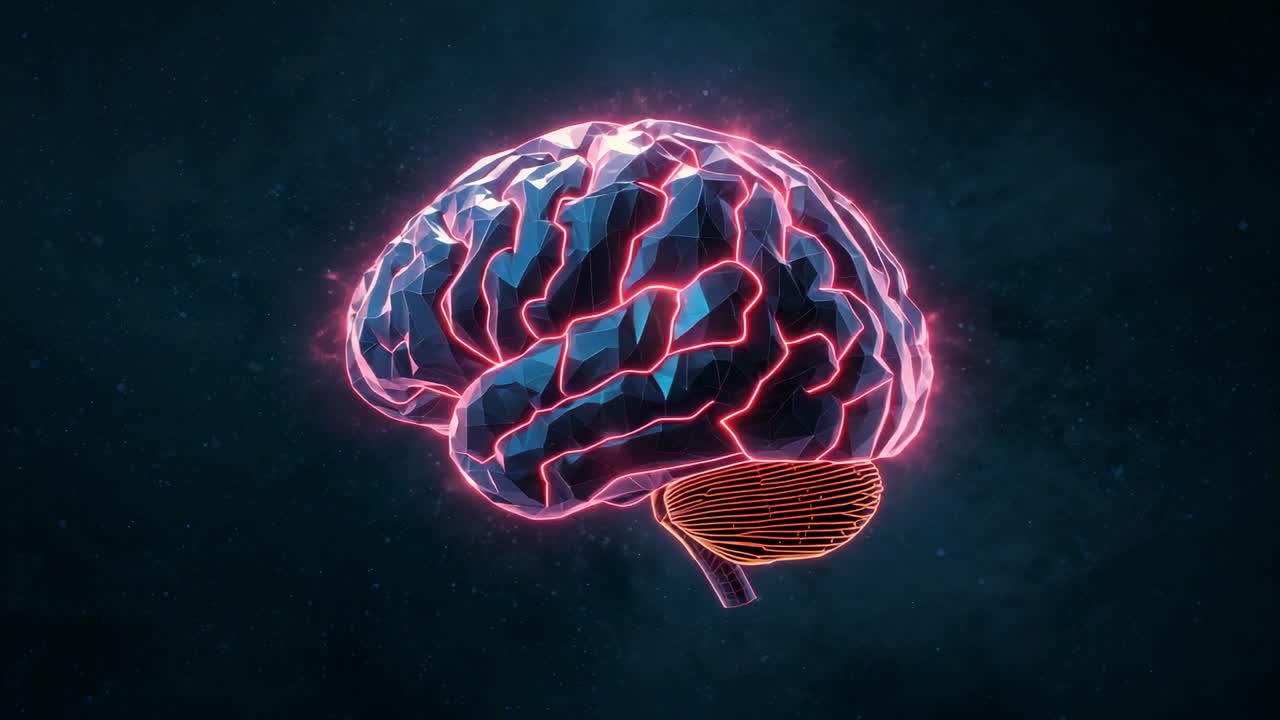 Rotating 3D brain in void, pulsing neon pink lines on blue cortex and orange striped cerebellum