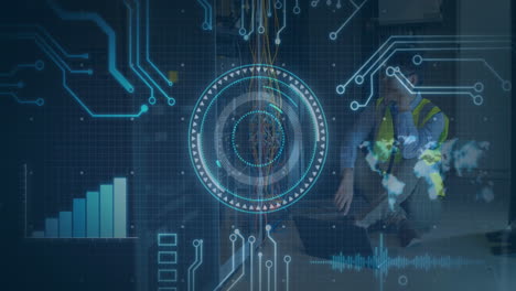 animación de escaneo de alcance y placa de circuito de computadora sobre él técnico por servidores de computadora