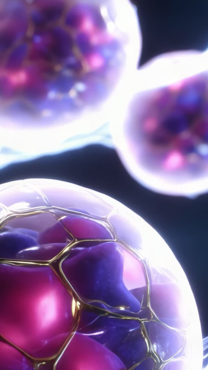 Intricata struttura cellulare: una vista ravvicinata di cellule biologiche colorate con vivaci motivi viola e oro, che mostra la bellezza della vita a livello microscopico.