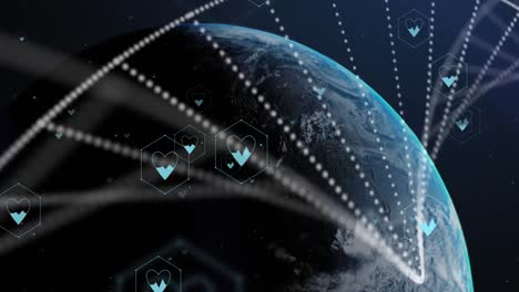 animation of icons, dna strand over globe and data processing