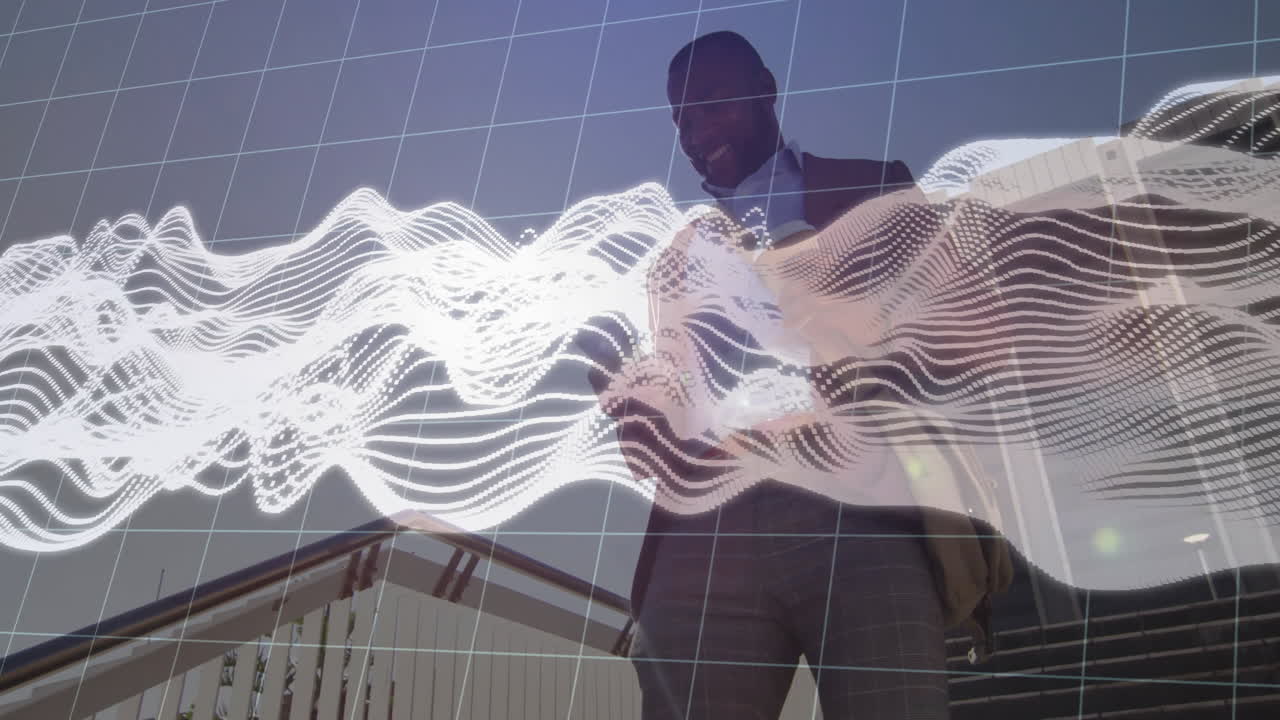 Man using smartphone on outdoor stairway, displaying floating digital grid and tech wave graphics