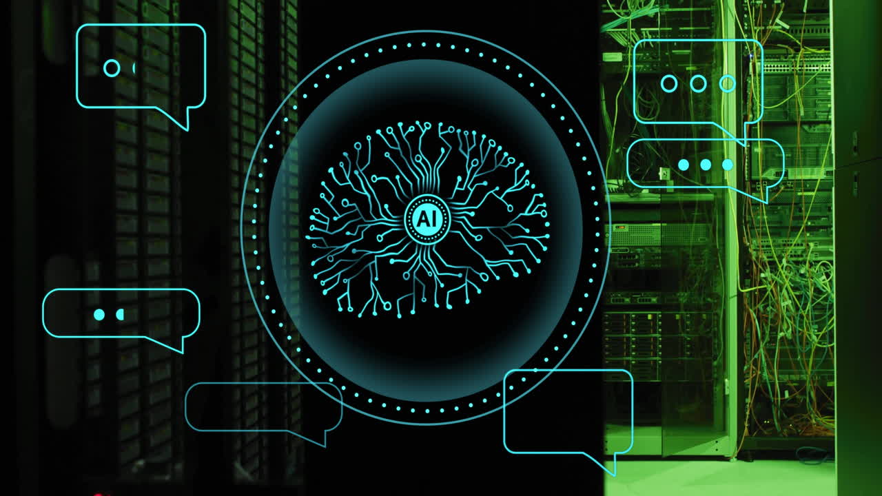 Animation of ai chat dialogue and scanner with ai brain network over servers