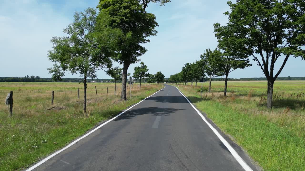 나무와 이 있는 시골 풍경을 가로지르는 비어있는 아스팔트 도로에서 80kmh의 표지판. 환상적인 공중 전망 비행 도리 왼쪽 드론