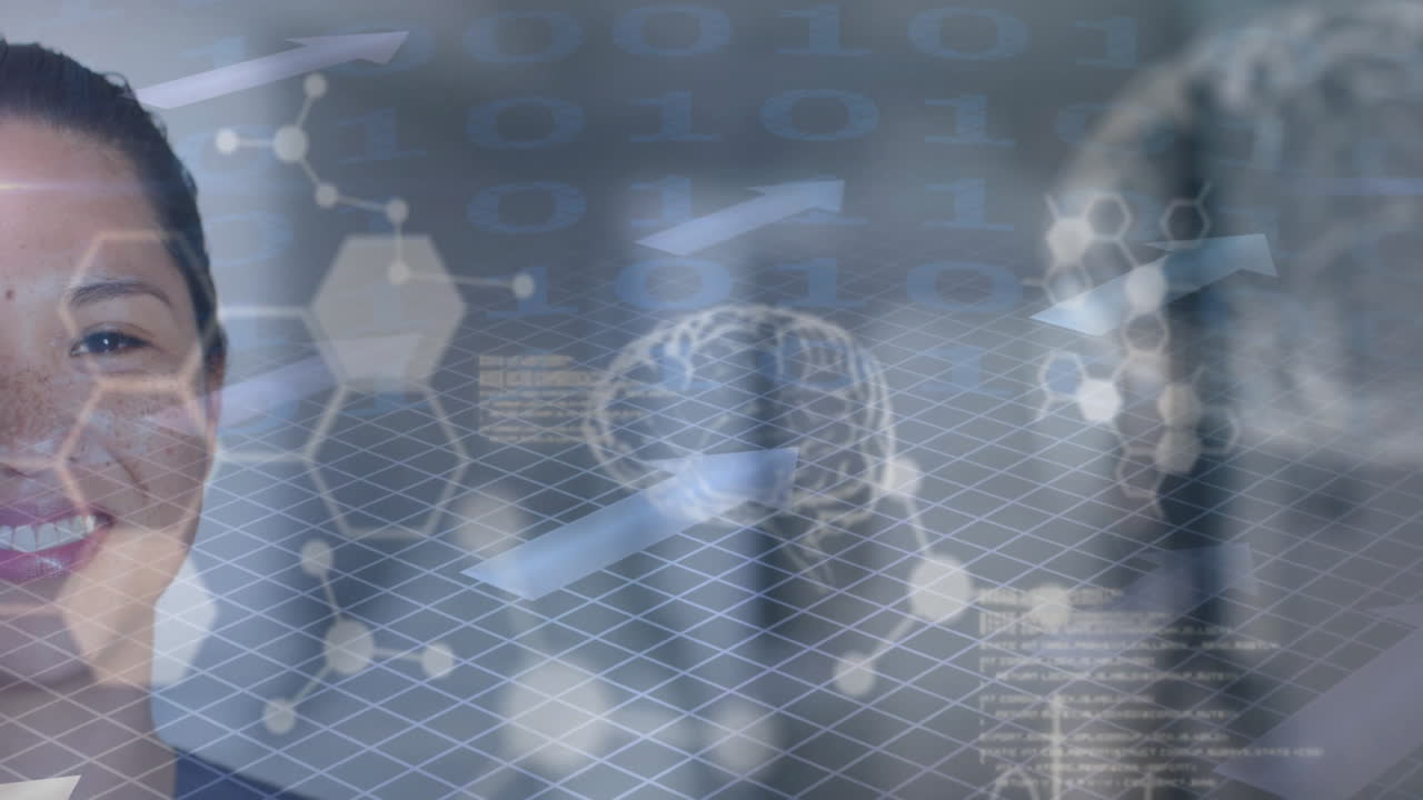 인간 뇌의 애니메이션과 데이터 처리가 병원에서 두 인종의 여성 의사