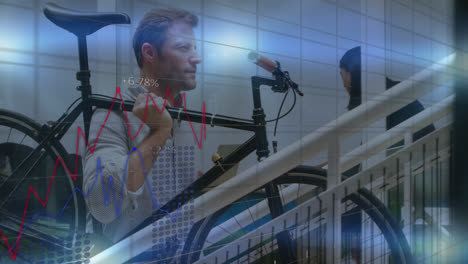 animation of financial data processing over carrying bicycle