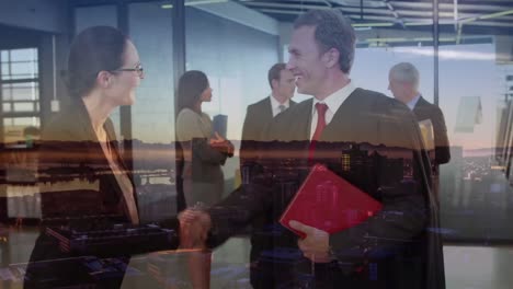 Animation-of-businessman-handshake-over-cityscape