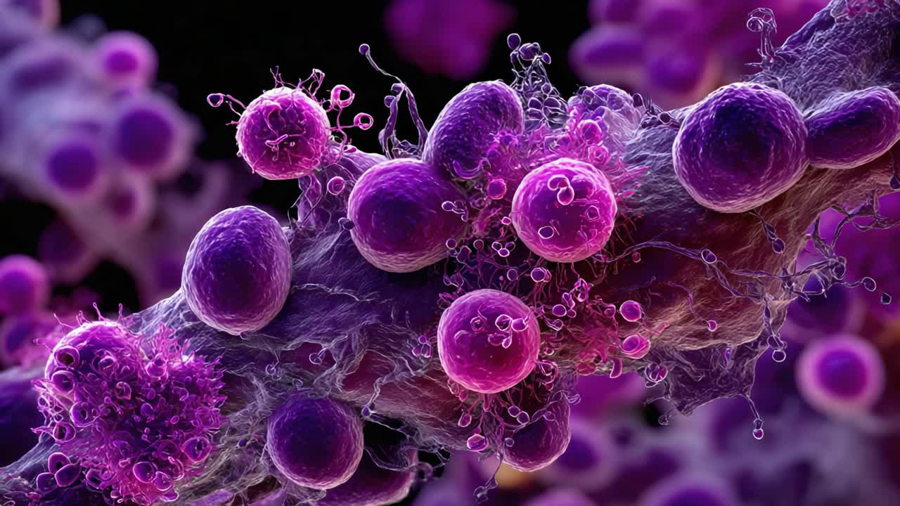 Magnifica vista microscopica di vibranti cellule viola che proliferano su una struttura simile a una fibra, mostrando dinamiche e complessità cellulari in una splendida presentazione artistica