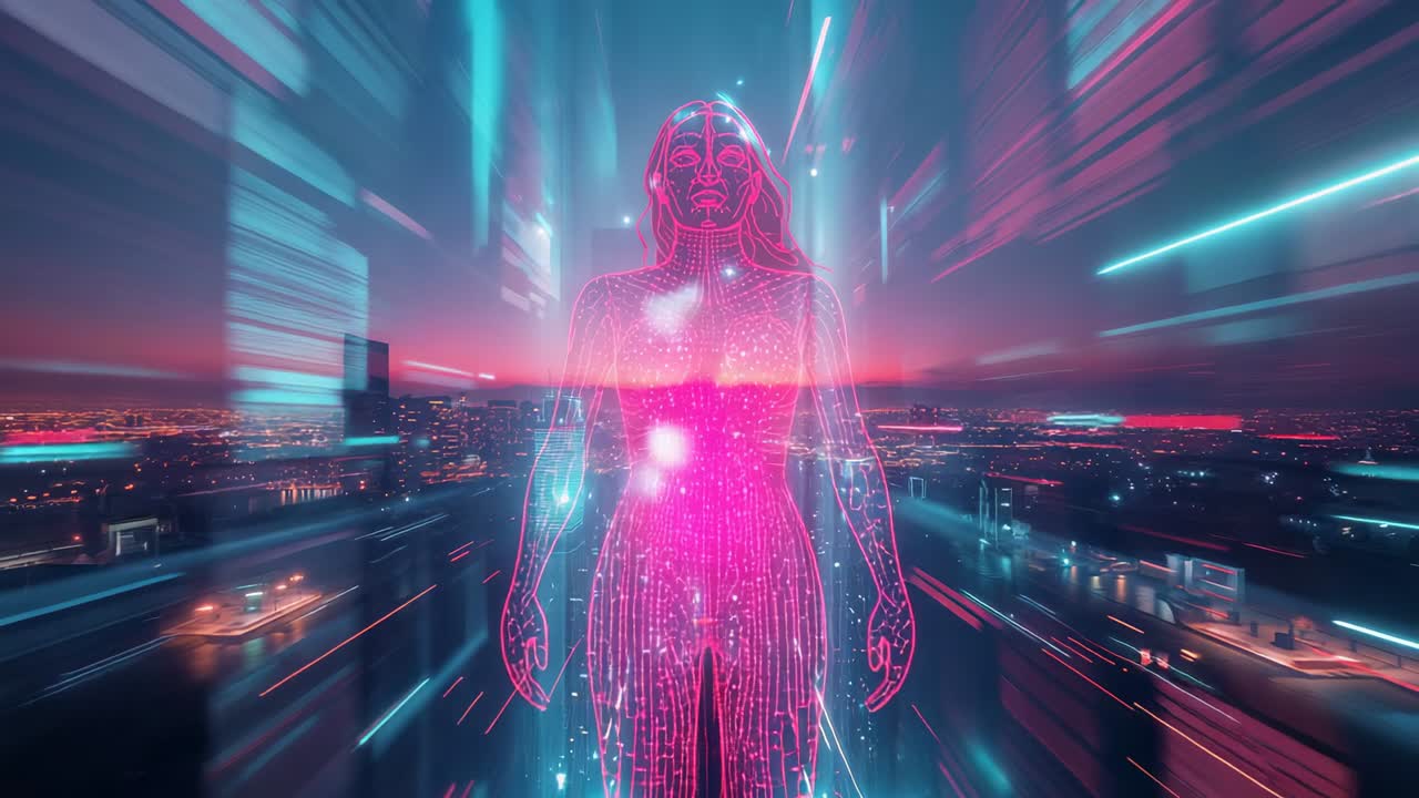 Radiating neon streaks guiding holographic figure in futuristic cityscape, unveiling circuits