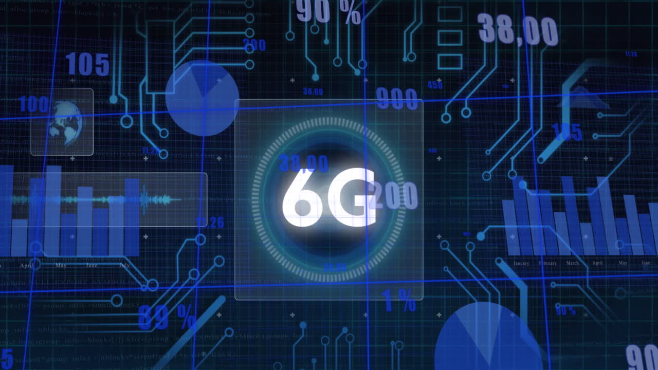 Animation of 6g text, scope scanning and data processing over circuit board