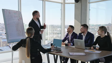 colleagues are having meeting in sunlit office. friendly communication and building strategies in the office team. city at the backdrop.