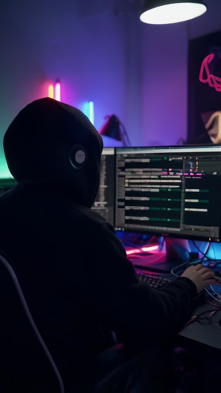 Hacker coding virus ransomware using computers. Cyber attack, system breaking and malware concept