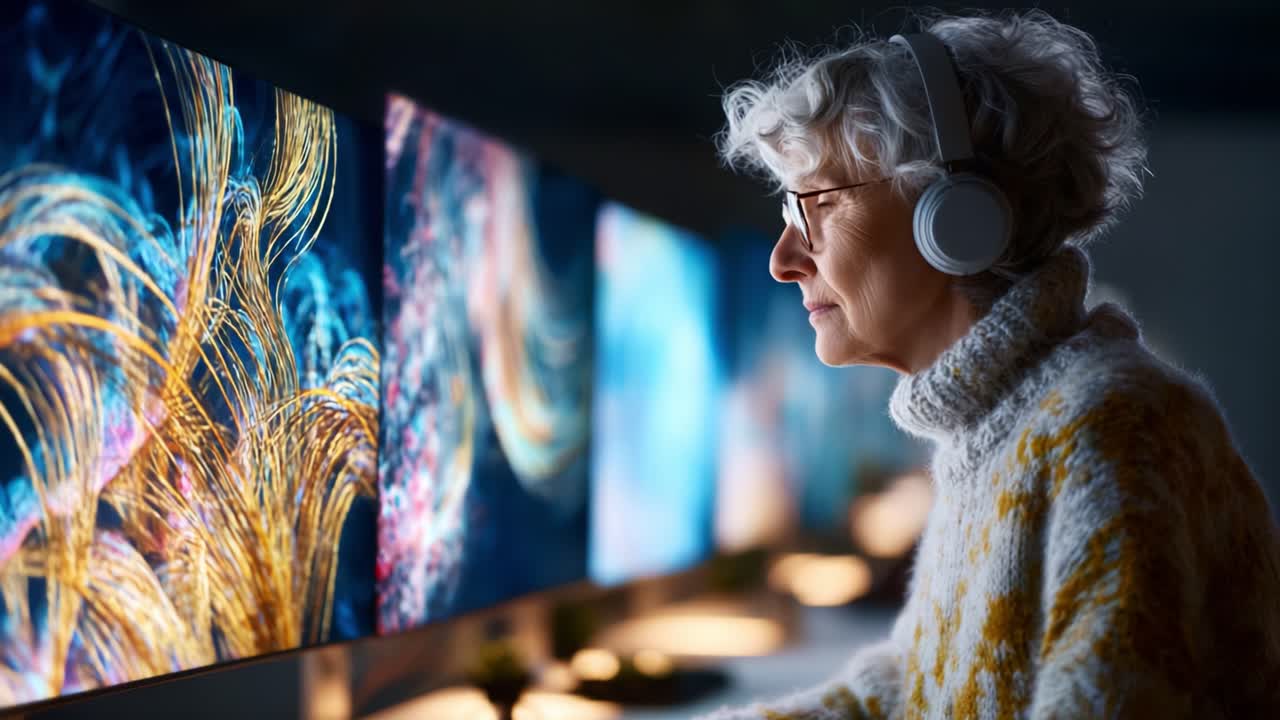 An elderly woman immersed in digital creativity, wearing headphones, intently observing vibrant visual displays showcasing abstract art and colorful patterns on multiple screens