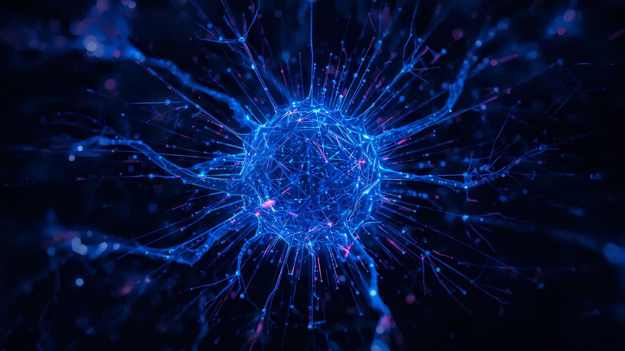 Sfera di rete luminosa crescente che scintilla pulsando in blu-rosa nel vuoto, nodi di fili che zoomano, mostrando l'alone