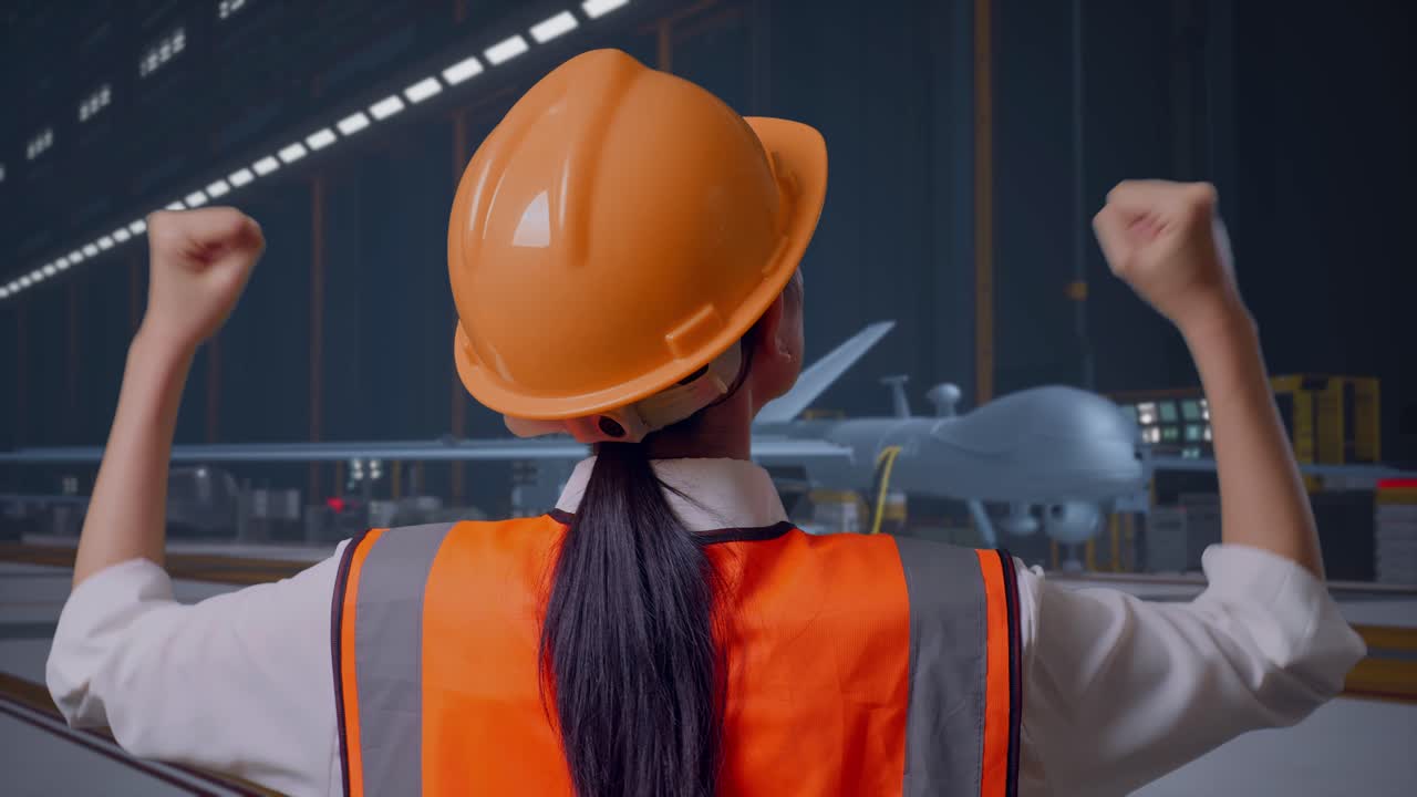 Vista posteriore ravvicinata di un'ingegnere con casco di sicurezza che festeggia con le mani alzate mentre lavora, con un moderno drone militare in un hangar di manutenzione.