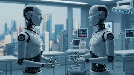 an engaging exchange between two advanced robots in a futuristic medical setting, set against a stunning urban skyline backdrop visible through large windows