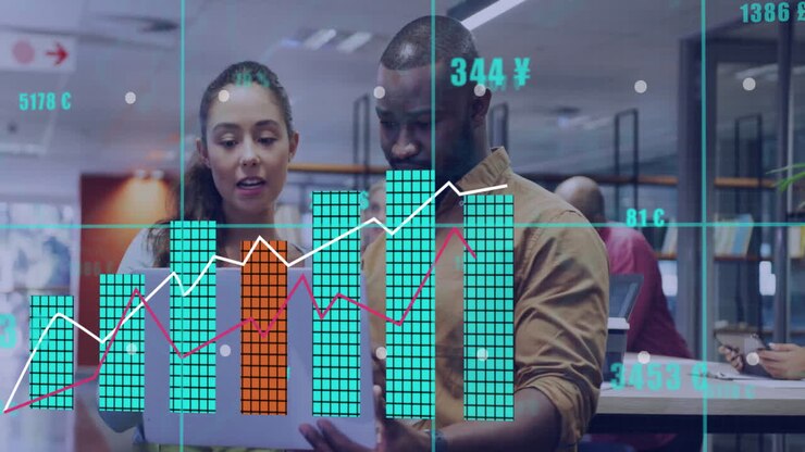 Analyzing financial data animation over diverse business people in office