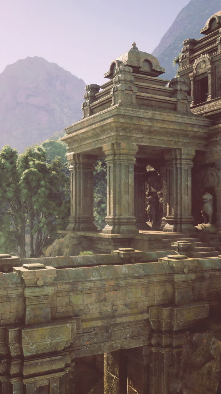 Historic temple ruins amidst lush greenery in a mountainous landscape