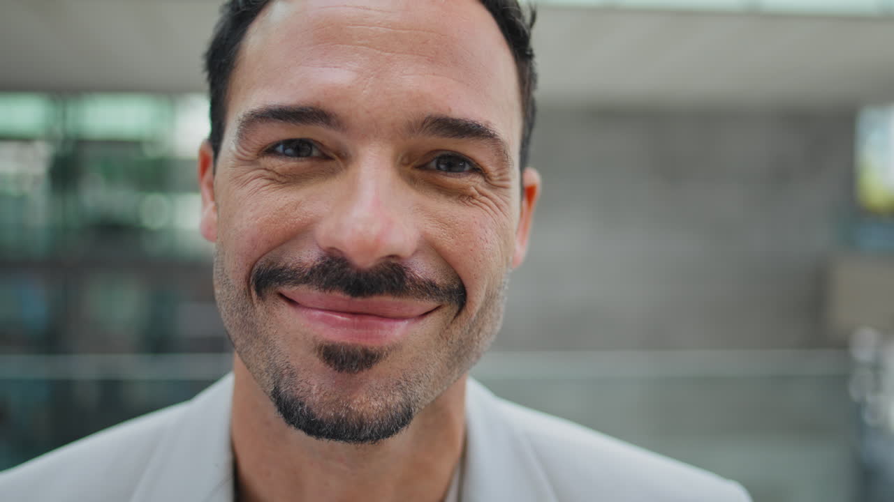 retrato hombre cara sonriente cámara en la ciudad. elegante hombre de negocios posando