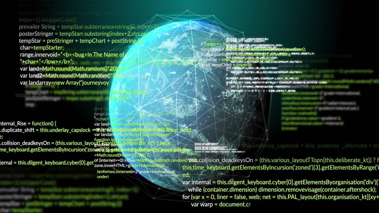 globo con animazione di codifica e elaborazione dei dati su sfondo scuro