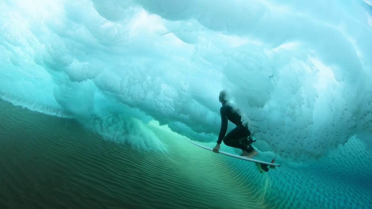 Vedenalainen videokuva surffaajasta aallolla, kuvattuna matalasta kuvakulmasta, esitellen dynamiikkaa.