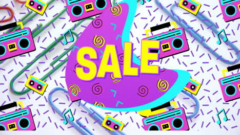 flat design purple shape glowing yellow sale text, retro boombox and cassette icons floating around