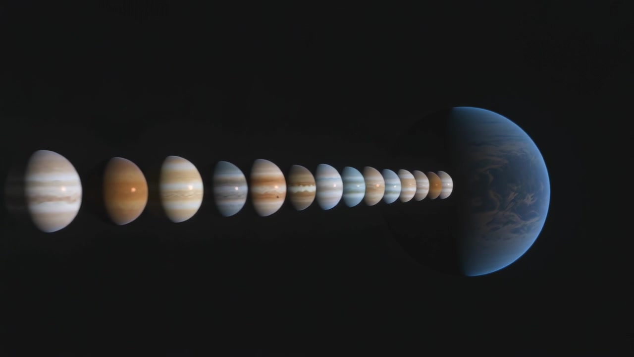 Panning camera revealing banded gas-giant lineup across deep space, with large blue planet right