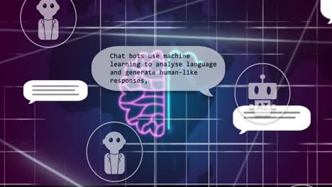 animación de un chat y procesamiento de datos en fondo púrpura