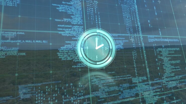 Animation of moving clock and data processing over landscape