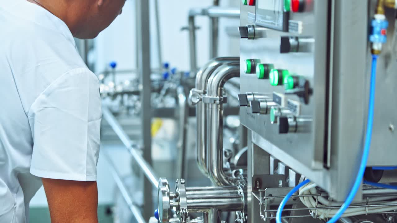 Male worker in special uniform launch robotic machine in the factory. Contemporary equipment of a dairy factory at work. Manufacturing background.