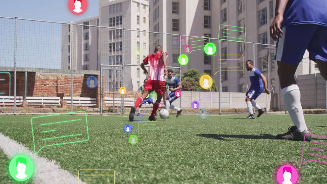 Soccer player dribbling ball on urban turf, showing sports technology with floating chat bubbles
