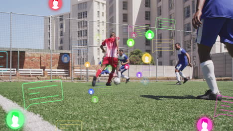 soccer player dribbling ball on urban turf, showing sports technology with floating chat bubbles
