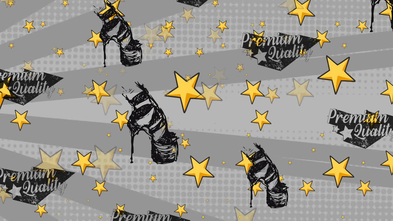 animación de textos de calidad superior, zapatos y estrellas sobre fondo gris