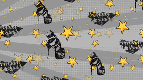 animation of premium quality texts, shoes and stars on gray background