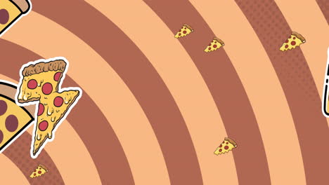 animación de iconos de pizza sobre rayas en fondo amarillo