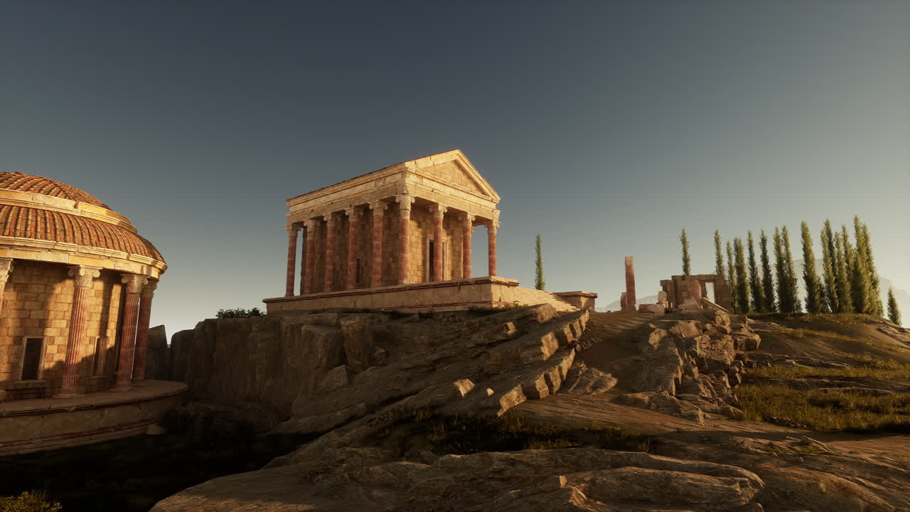 Ruins of an ancient roman temple standing in serene nature at sunset