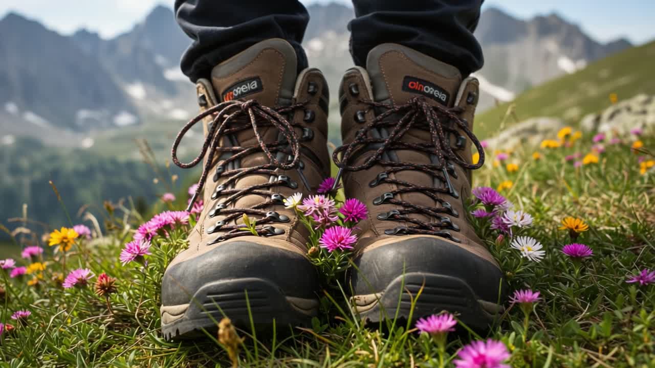 Primo piano di scarponi da trekking su un sentiero fiorito in montagna, che mostra la bellezza della natura e l'essenza dell'avventura all'aria aperta