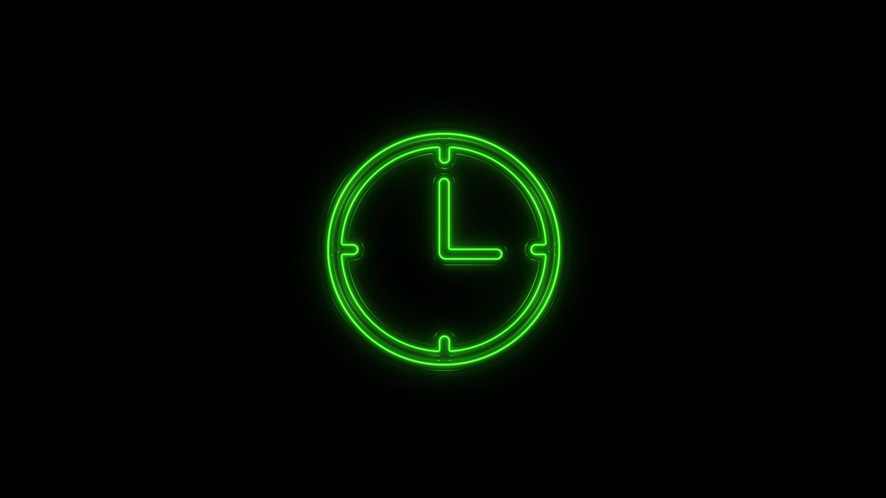 Glowing neon line Clock icon isolated on black background. Time symbol. 4K