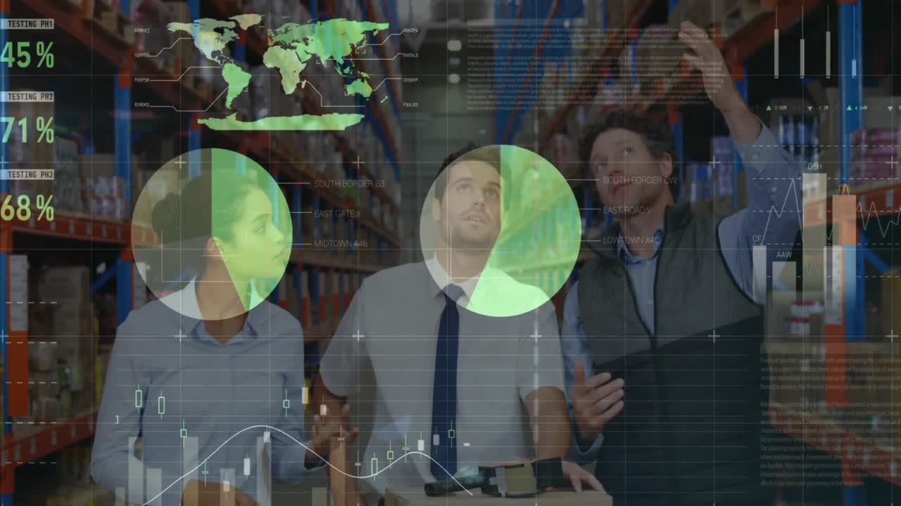 анимация обработки финансовых данных над людьми, работающими на складе