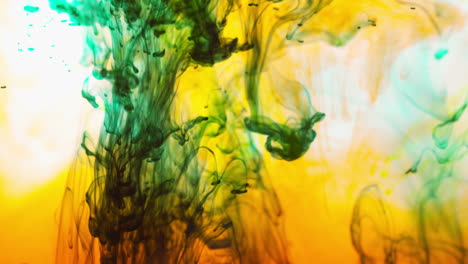 green and orange paint or dye dropped into water against white background to create swirling colourful smoke background 6