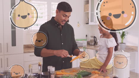 animación de verduras y frutas sonrientes sobre un padre y una hija biraciales felices cocinando en casa