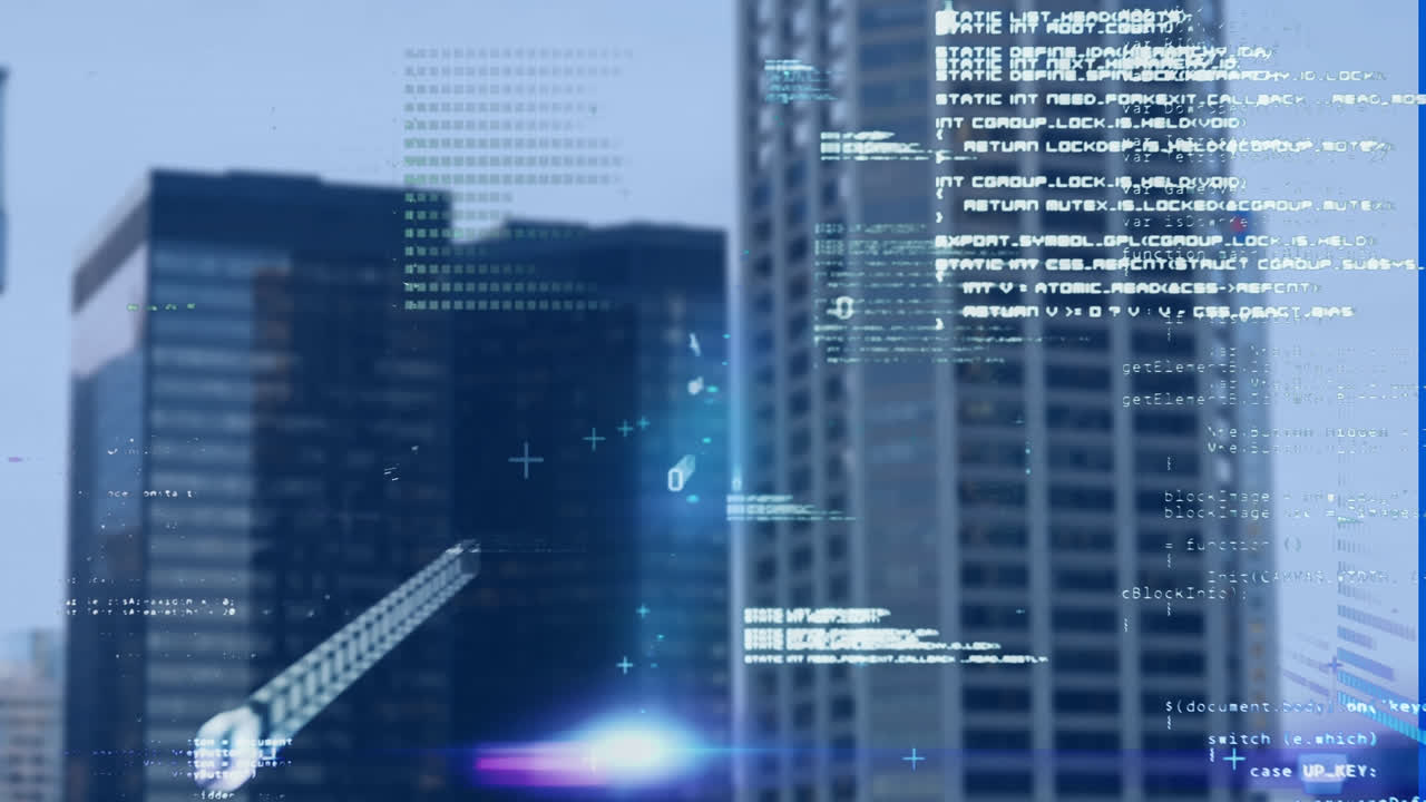 Animation of financial data processing over cityscape