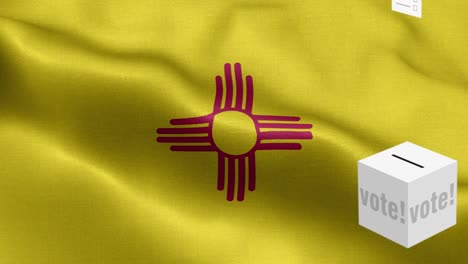 state of new mexico - ballots fly to box for new mexico  selection - ballot box in front of flag - election - vote - national flag new mexico state wave pattern loopable elements - fabric texture and endless loop - new mexico state loopable flag