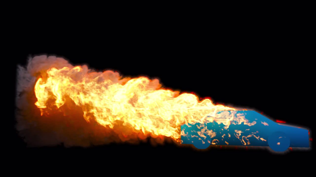 Blue car on fire with alpha channel