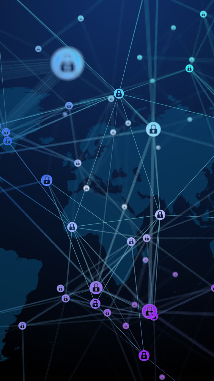 Movement of lock icons in circles connected by plexus lines. Loop animation. Padlock symbol of security and safety. Vertical video.