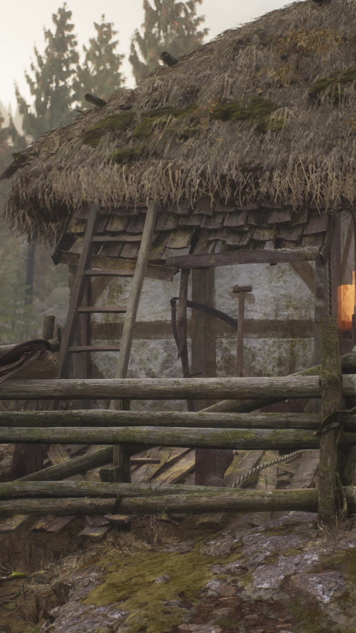 una cabaña de madera rústica en un bosque de niebla