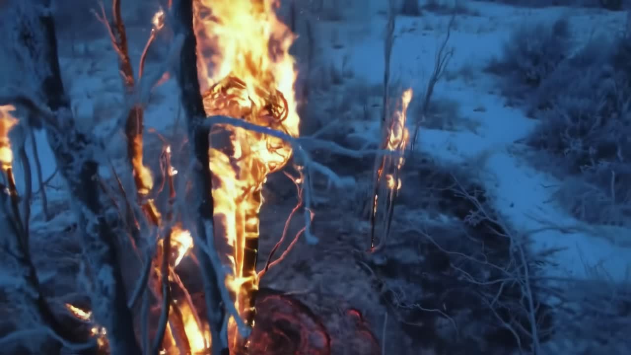 An Unforgettable Display of Nature's Fury: Trees Engulfed in Flames Amidst a Frozen Wilderness Landscape
